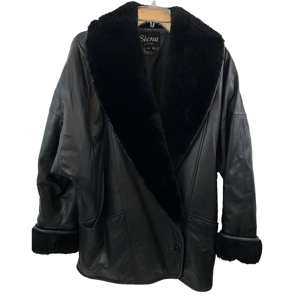 Siena New York Women's Leather Jacket M Black Faux Fur Collar Dolman Sleeves